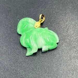 Natural Apple Green Jade Rabbit Pendant 14K Gold Bail Carved Chinese Good Luck